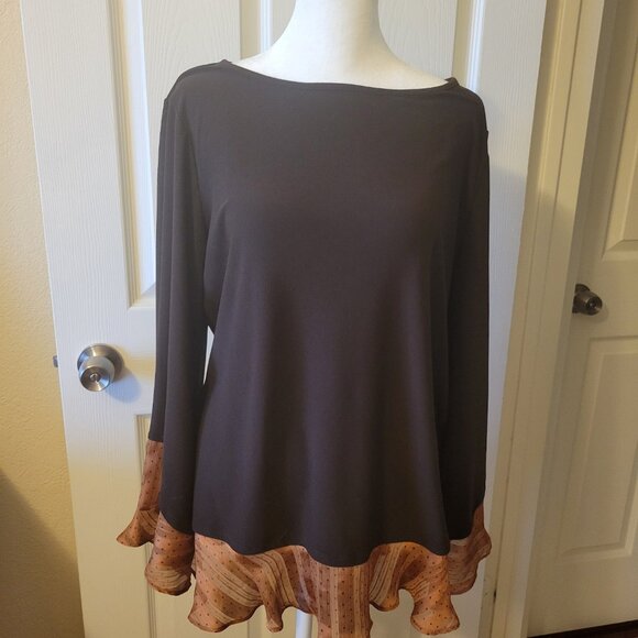 Susan Graver LK Brown/Copper Blouse w/ Bell Sleeve & Ruffle Hem - M - EUC - Picture 1 of 8